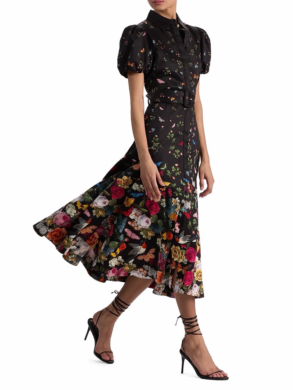 Alice + Olivia Black Floral & Butterfly Belted Puff-Sleeve Maxi Dress